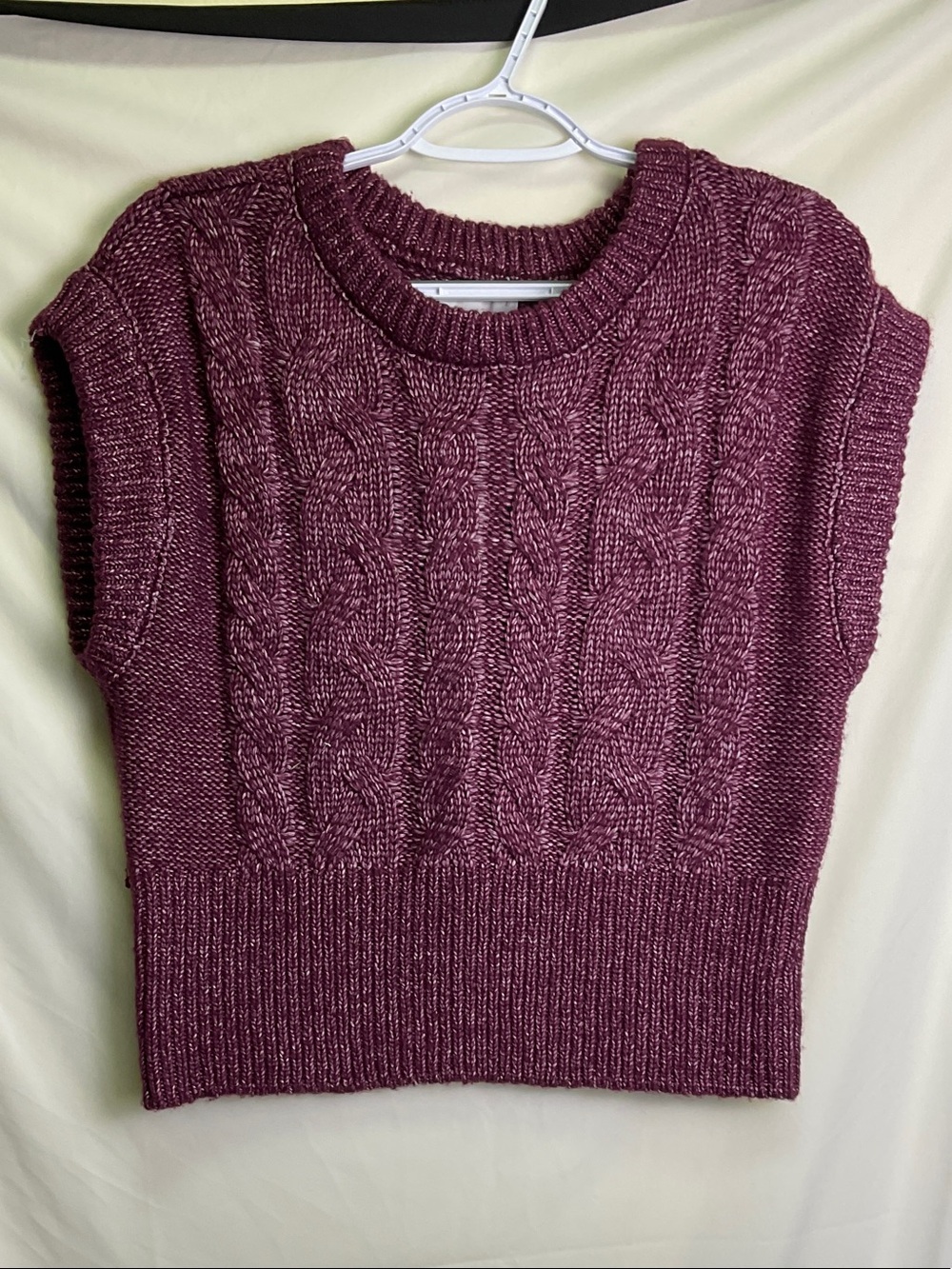 Pink Rose Cable Knit Short SleeveCrewneck Sweater - Dark Purple